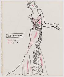 Female model in pink satin and lace gown – study for final drawing, with details listed
