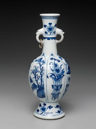 Export-ware vase with animal-head handles and blue-and-white decoration of flowers in landscapes
