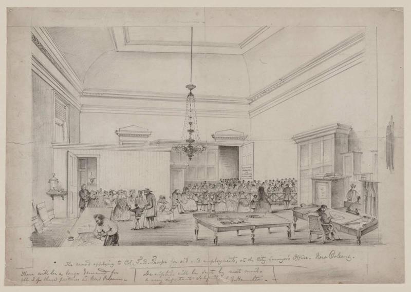 The Crowd Applying to Colonel T.B. Thorpe for Aid and Employment at the City Surveyor's Office, New Orleans