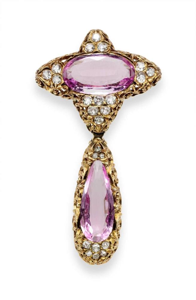 Gem-set brooch with pendant drop