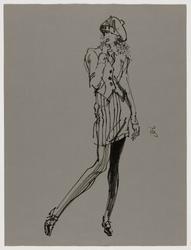 Female model in short striped skirt and vest and tie and hat 