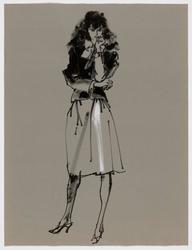Female model in jacket with big bow over skirt 