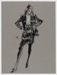 Female model in plaid suit with ribbed turtleneck, gazing down 