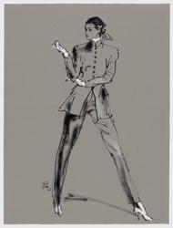 Female model in fitted jacket with stand-up collar over pants, wearing white gloves and shoes 