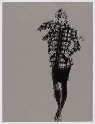 Female model in zippered black jacket and scarf over black shirt and tights with hands in pockets 