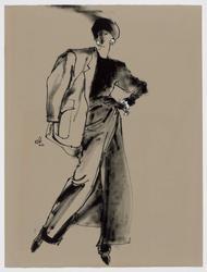 Female model in pants and round-necked shirt, wearing fur hat and carrying jacket over shoulder black and white) 