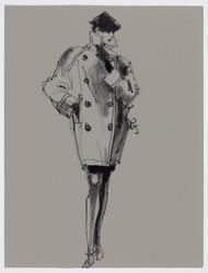 Female model in big double-breasted coat, collar up 