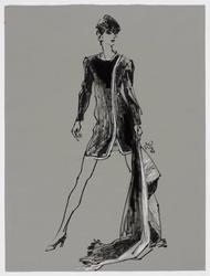 Female model in fitted coat dress, carrying shawl black and white) 