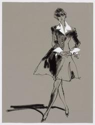 Female model in dress with white collar and cuffs 