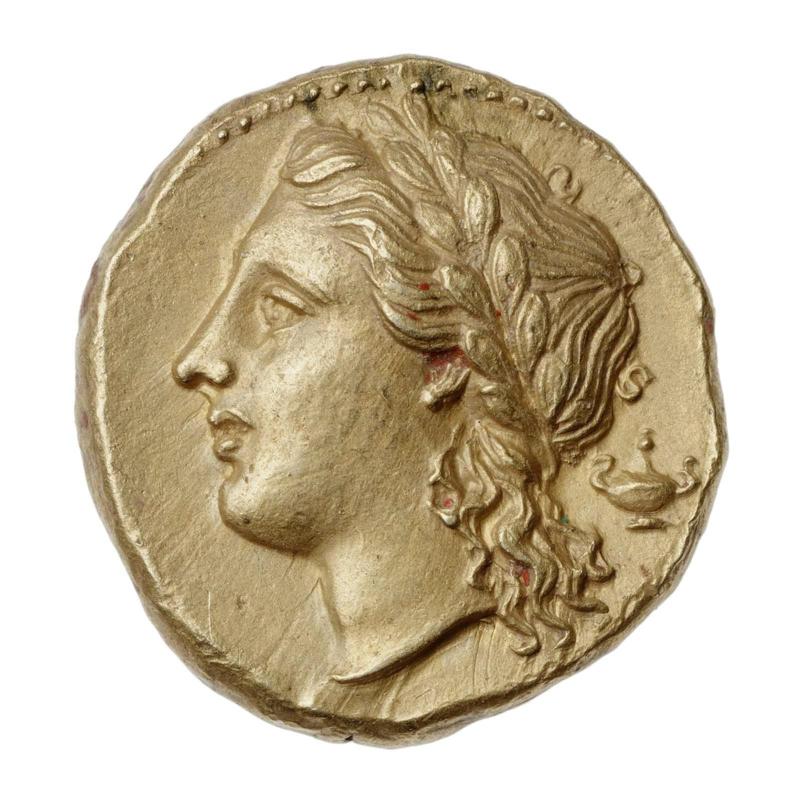 50 litra-piece of Syracuse with head of Apollo, struck under Dionysios I and II