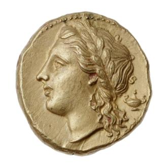50 litra-piece of Syracuse with head of Apollo, struck under Dionysios I and II