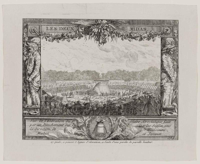 Sight of the Rise of an Aerostatic Sphere made by a detachment of the Swiss Guards, under the direction of Sirs Miolan and Janinet