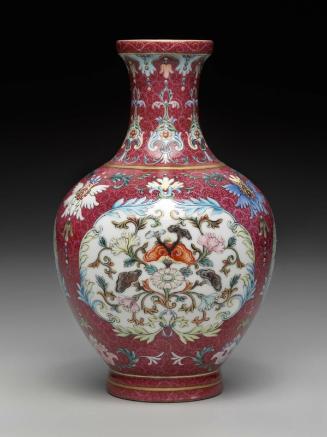 Vase with overglaze enamel decoration of auspicious flowers in cartouches