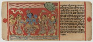 Krishna playing flute and dancing to the delight of the gopis