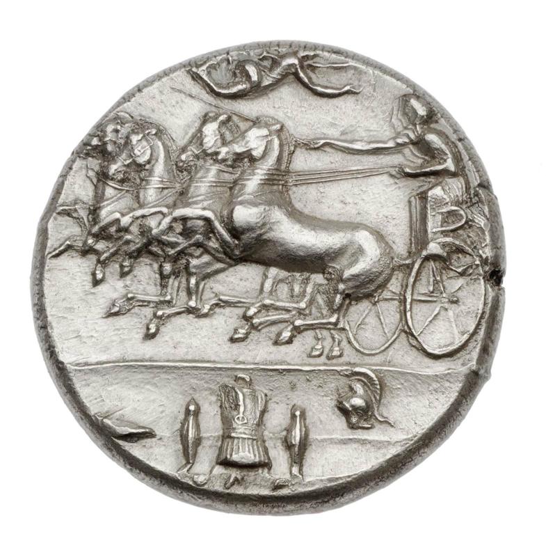 Dekadrachm of Syracuse with quadriga, signed by Euainetos