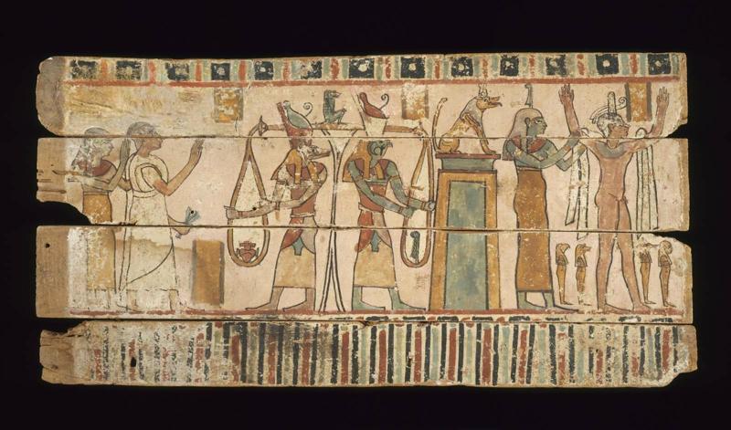 Coffin panel: Anubis and Horus weigh the heart of the deceased