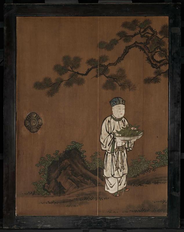 Attendant with Tray of Peaches and Pine Branches