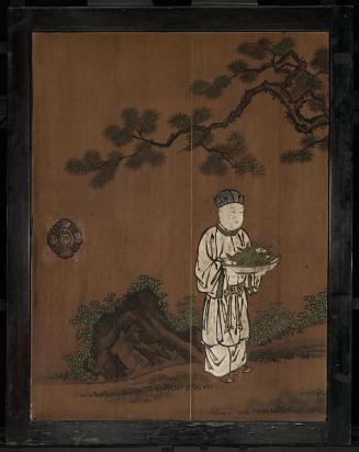 Attendant with Tray of Peaches and Pine Branches