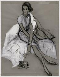 Babe Paley smoking and shopping at Chez Ninon, the custom fashion salon, wearing a white wool dress