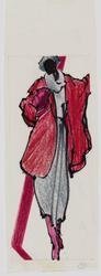 Female model (African American) in gray skirt with red coat and cowl necked shirt