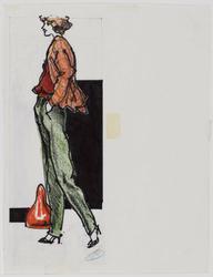 Female model in profile in green slim pants with loose plaid short jacket with red bag at her feet
