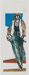Female model in long green skirt with fur-lined (?) jacket and hat