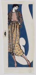 Female model in long skirt with geometric print and herringbone jacket