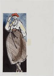 Female model in long wool skirt with high-collared white blouse with lace yoke and orange hat