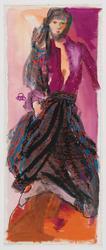 Female model in chiffon Zouave pants with satin shirt and headscarf