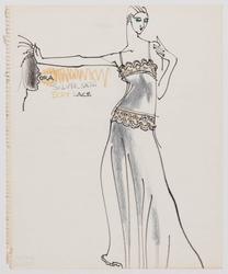 Female model in pewter satin slipgown with lace insets