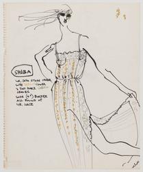 Female model in striped silk sleepgown with yellow flowers 