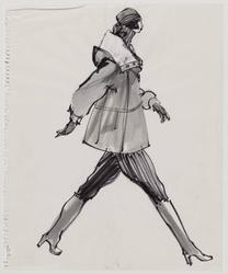 Female model in profile, walking, wearing shearling (?) coat and striped pants tucked into boots