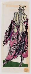 Female model in tailored jacket over western-style print skirt with shawl