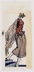 Female model from the back in wool skirt with print shirt and plaid shawl, wearing a hat