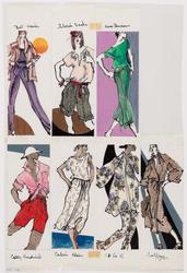 Seven female models drawing separately, in summer attire, including dresses and shorts, for windowpane treatment