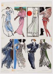 Eight female models drawing separately, in summer attire, including dresses and shorts, for windowpane treatment