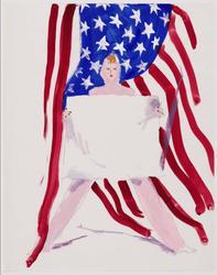 Female model in hooded suit before American flag