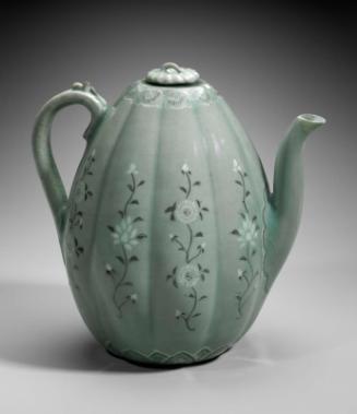 Melon-shaped ewer with inlaid peony and chrysanthemum