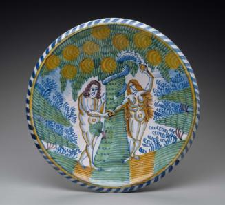 Blue-dash dish depicting Adam and Eve