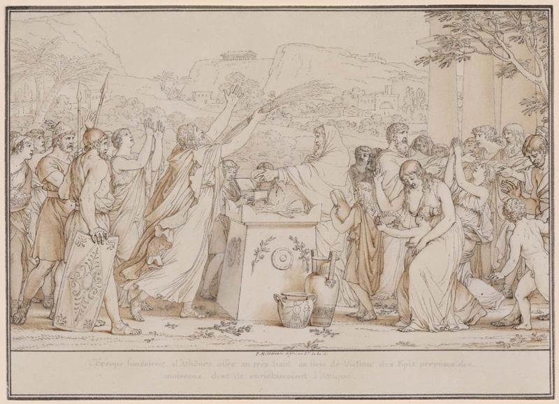 Cecrops, founder of Athens, offers to the Almighty instead of a sacrificial victim the first ears of grain from the harvests which had enriched Attica