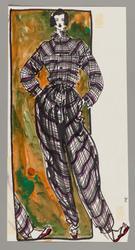 Female model in purple and black draped wool pants and shirt