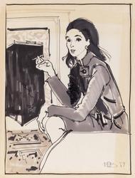 Mica Ertegun before fireplace with a cigarette