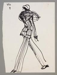 Female model in #7 – navy and red pin-striped pantssuit