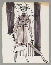 Female model in structured coat kneeling on chair