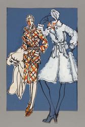 Female model portrayed twice, once wearing plaid suit and carrying white mohair coat, and once with white mohair coat over plaid suit