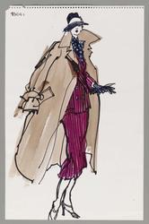 Female model in striped suit with overcoat and slouch hat