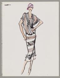Female model in striped crepe de chine dress 