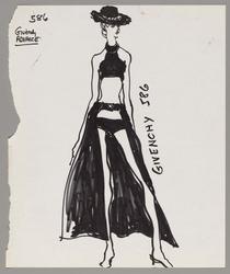 Female model in #586 – bathing suit with linen overskirt