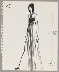 Female model in #119 – draped evening gown