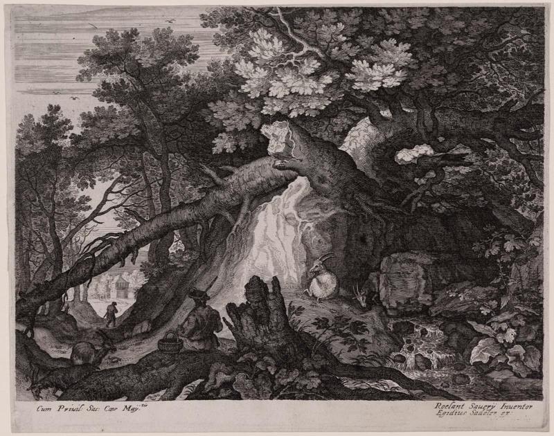 Man and Four Goats near a Waterfall
